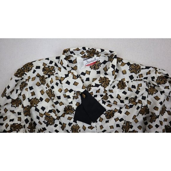 VINTAGE WOMEN'S WHITE BLACK GOLD PRINT LONG SLEEVE BLOUSE - JONQUIL JUDY BOND 12 - Picture 5 of 9